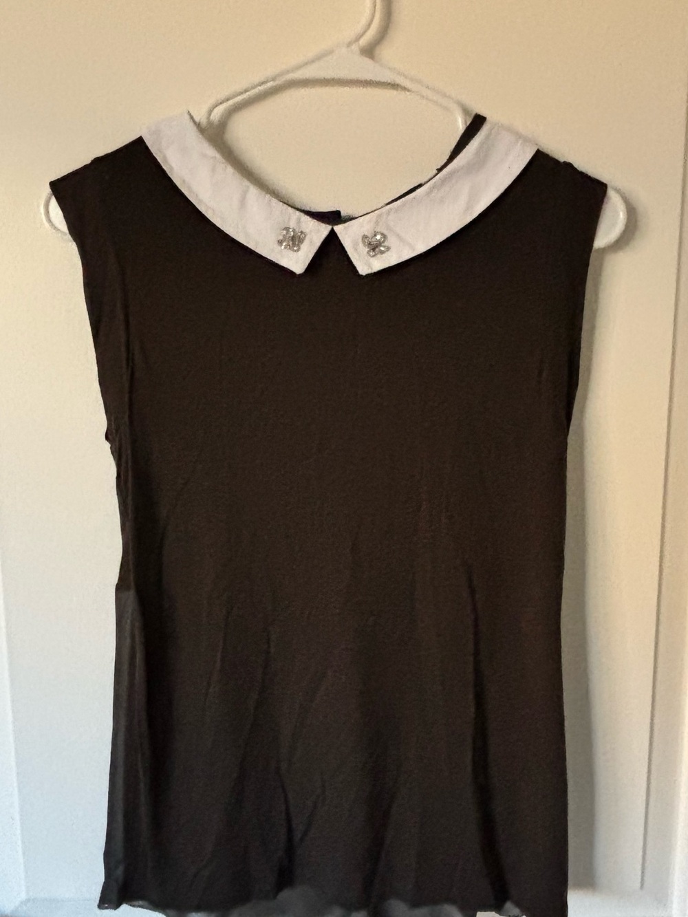Classic Black Sleeveless Top with White Gem Collar